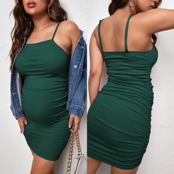 Maternity Ruched Cami Bodycon Dress dark green - Picture 1 of 12